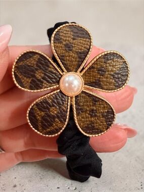 Handmade Hair Tie with Upcycled Louis Vuitton Monogram Flower & Pearl 🌸